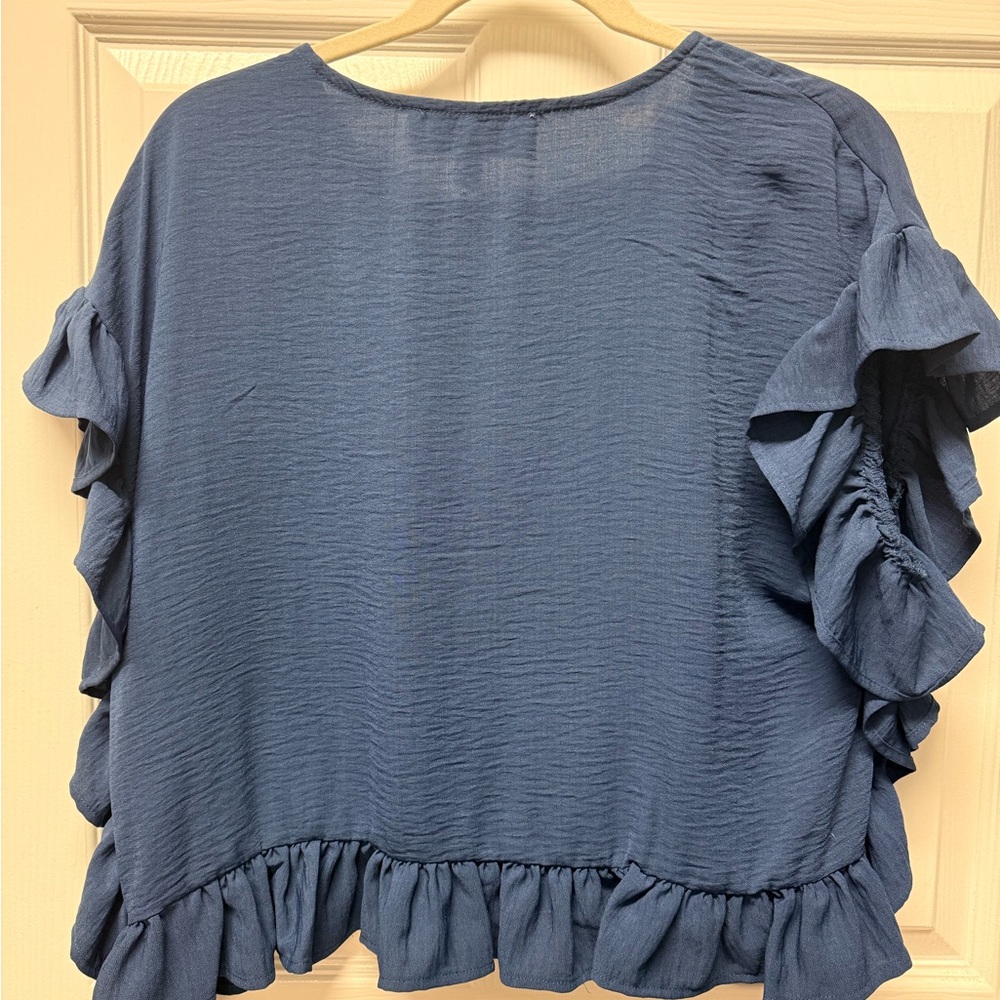 Pink Rose Navy Ruffled Blouse - Picture 2 of 3